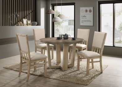 Brutus Vintage Walnut 5 Piece 47" Wide Contemporary Round Dining Table Set with Wheat Colored Fabric Chairs Brutus Vintage Walnut 5 Piece 47" Wide Contemporary Round Dining Table Set with Wheat Colored Fabric Chairs